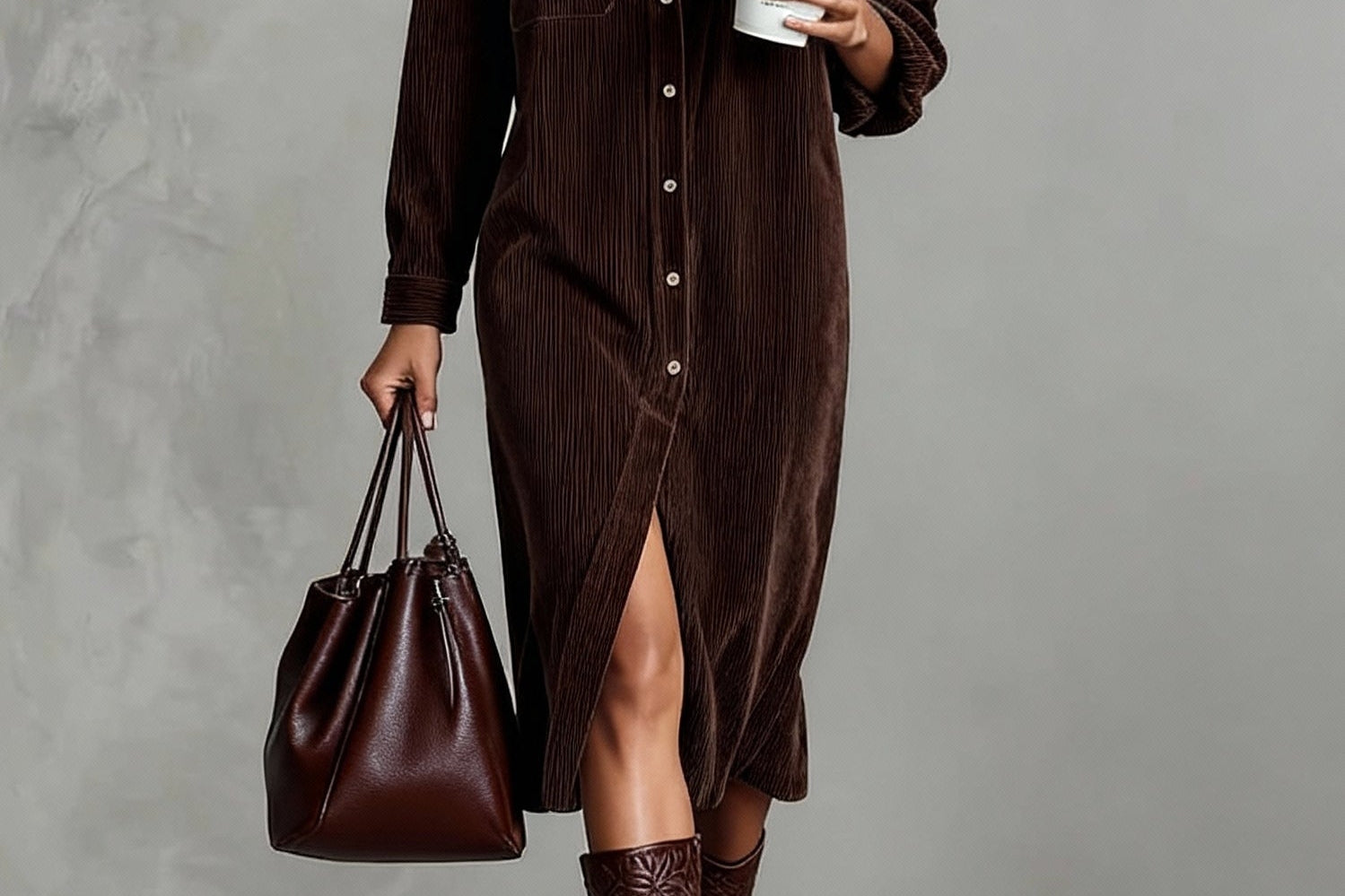 Jessy - Loose Corduroy Double Chest Pocket Breasted Midi Dress