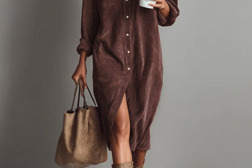 Jessy - Loose Corduroy Double Chest Pocket Breasted Midi Dress